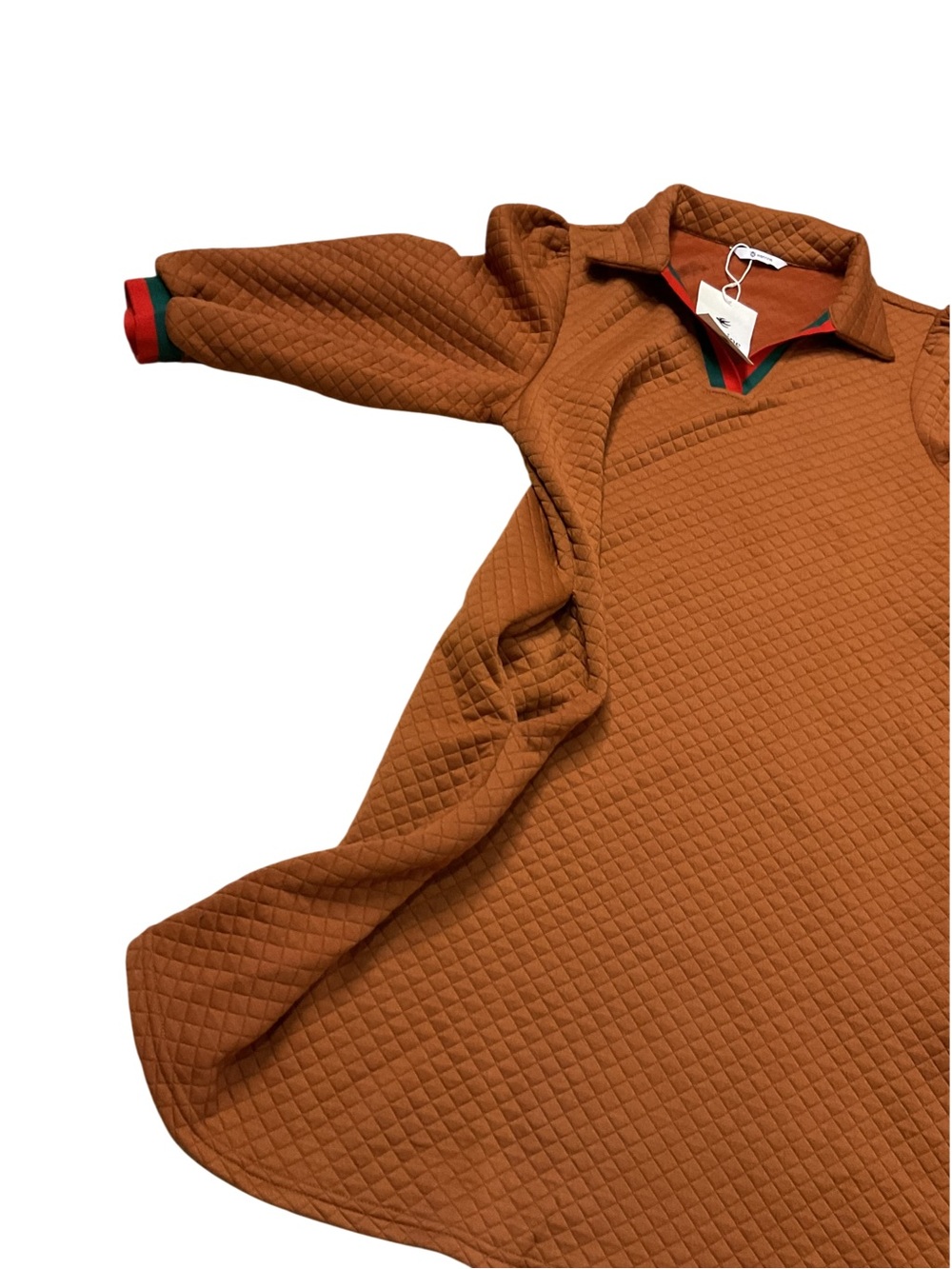 NWT Wenrine Brown Quilted Mini Dress M Collared V Neck Puff Sleeve Colorblock - Picture 4 of 8